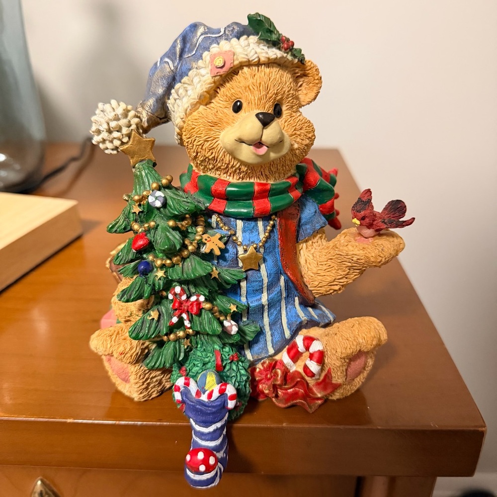Festive Bear Figurine Stocking Holder with Christmas Tree